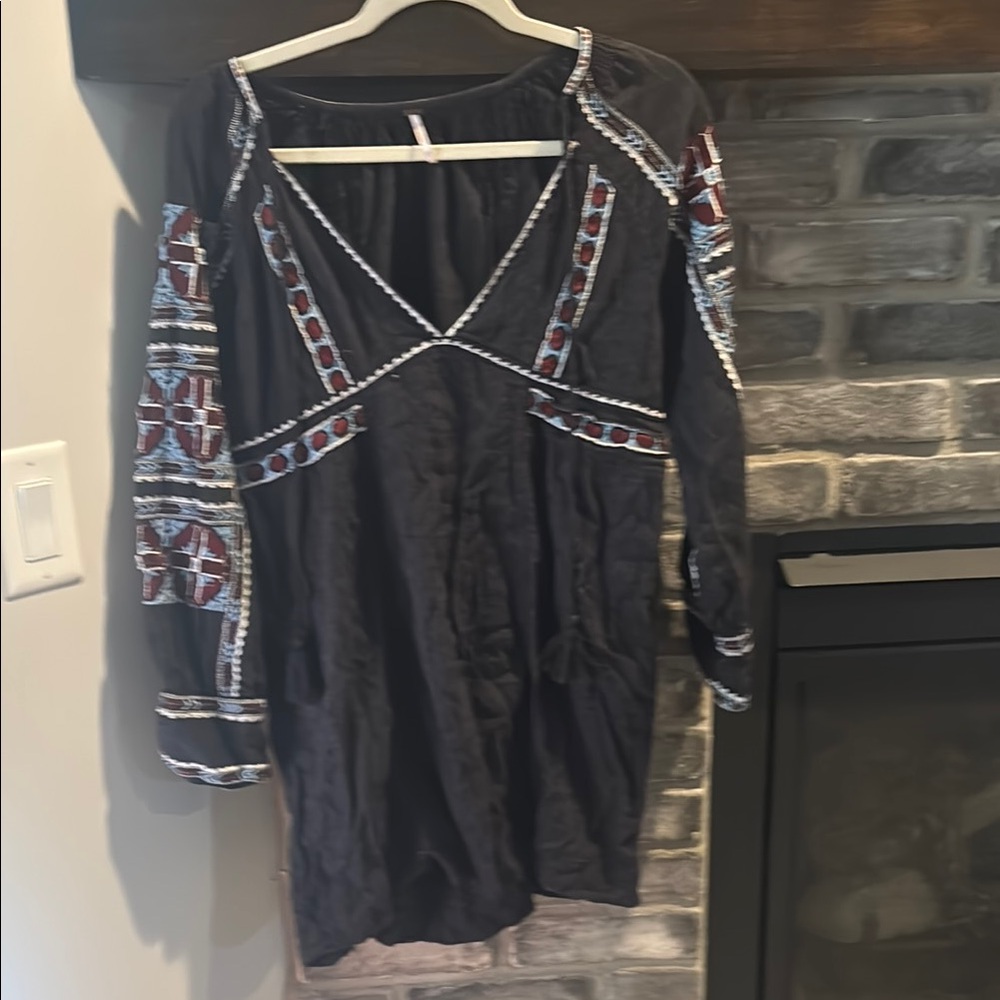 Free People Black Dress with Red and White Embroidery